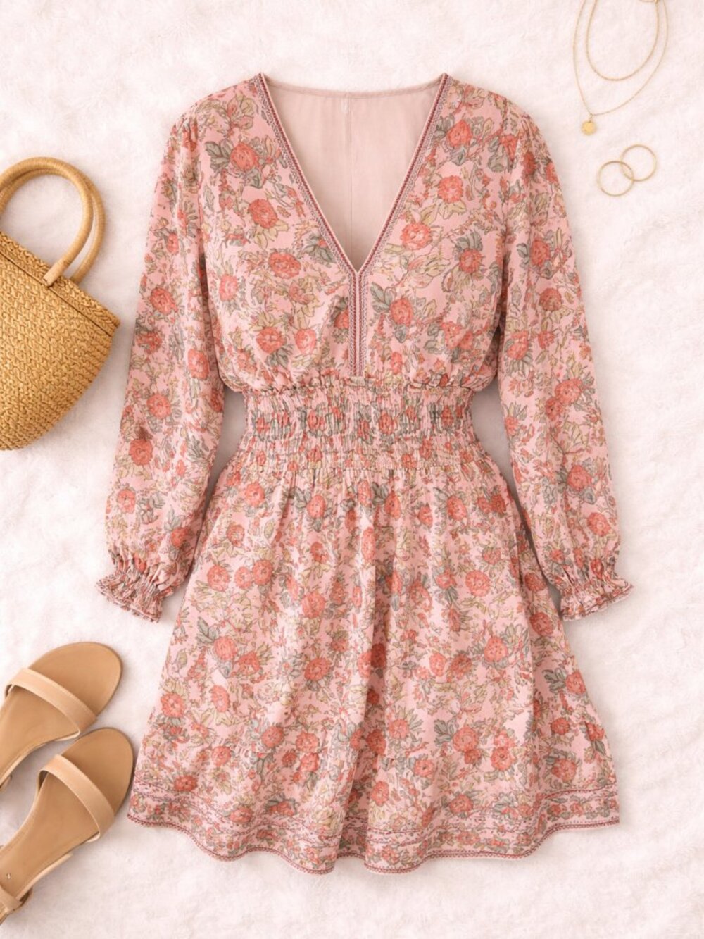 Max Studio Pink Floral V-Neck Smocked Waist Dress